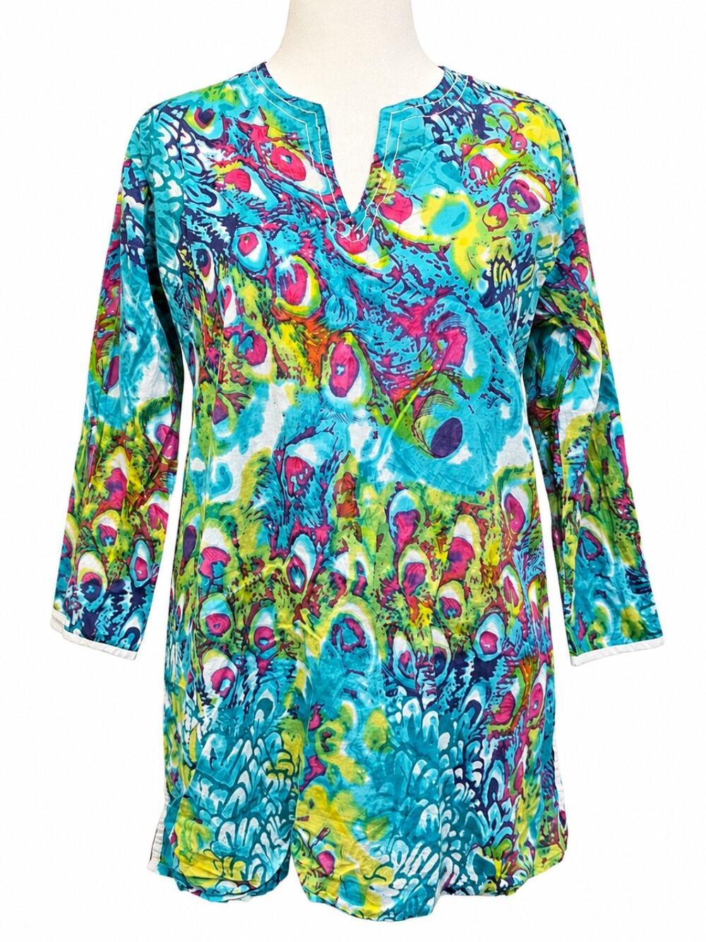 KikiSol Peacock Print Cotton Tunic Top Blue Pink Boho Women’s Large L